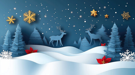 Christmas paper cut art with winter landscape, deers, christmas trees and snowflakes for holiday greeting card.