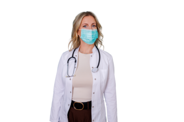 Woman doctor wearing protective face mask and stethoscope on transparent background, working in healthcare field