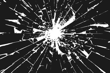 Obraz premium Cracked glass shatter vector pattern background with bullet hole burst. Abstract geometric explosion of broken fragments. Vector for posters, phone screen effects, or digital crash design elements.