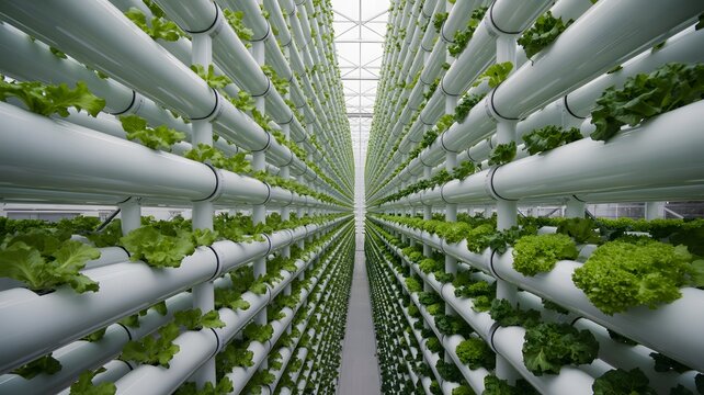 Rows of vibrant green lettuce growing vertically in a modern hydroponic farm with artificial lighting for sustainable agriculture