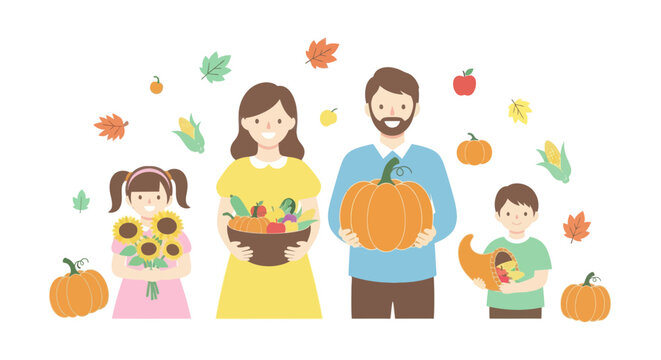Happy family holding pumpkins, sunflowers, harvest basket and cornucopia for thanksgiving.