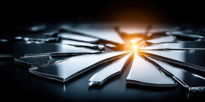 Shattered mirror shards arranged in star pattern with reflective glass edges and warm flare lighting creating dramatic contrast and texture