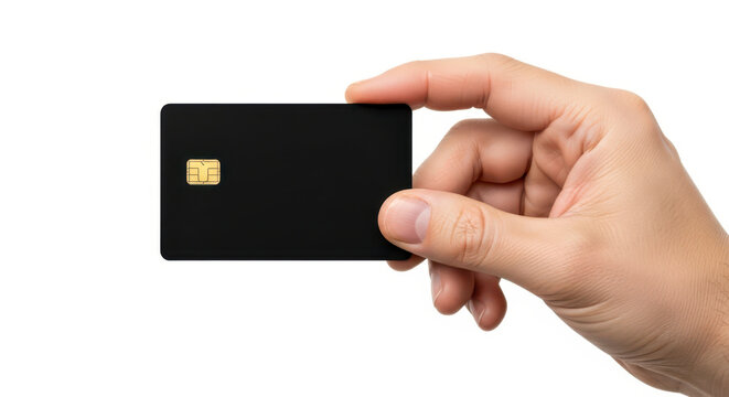 Hand holding a blank black credit card with a gold chip, positioned horizontally against a clean white background