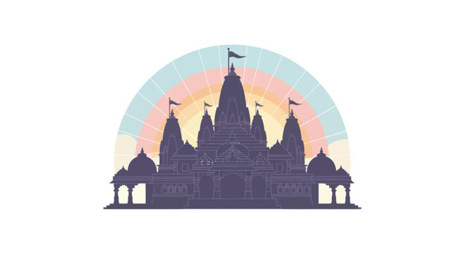 Detailed vector of a hindu temple silhouette with flags against a rainbow background.
