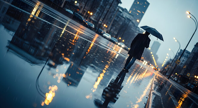 Person Walking with Umbrella on Rainy Urban Street in Evening with Reflections and City Lights