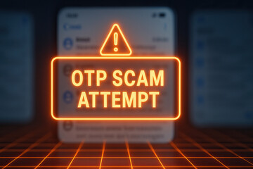 OTP scam attempt alert glowing sign over blurred smartphone message screen conveying cybersecurity warning and urgent caution