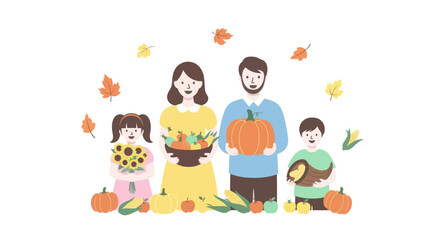 Fototapeta premium Happy family with harvest of fruits and vegetables. Thanksgiving day concept design.