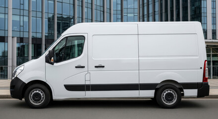 Side view of a large white commercial delivery cargo van parked on a city street in front of a modern glass building