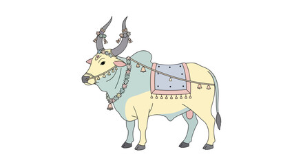Fototapeta premium Illustration of nandi bull, sacred hindu animal, adorned with festive decorations and bells.