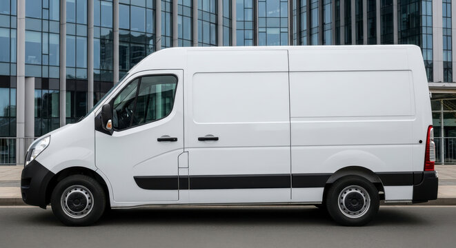 Side view of a large white commercial delivery cargo van parked on a city street in front of a modern glass building