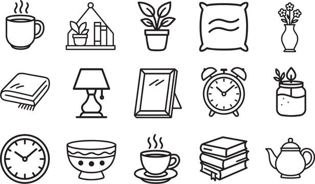 Cozy Home Decor Elements: A collection of charming line art illustrations that depict the simple joys of a comfortable living space.