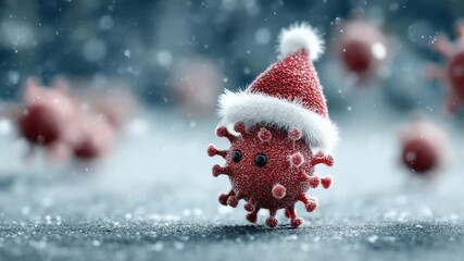 Red virus cell in Santa hat with snowflakes on white background, conceptual Christmas pandemic illustration with safety awareness message and festive winter holiday design, copy space - Powered by Adobe