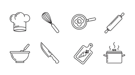 Collection of hand drawn cooking utensils and chef hat in a simple line art silhouette style