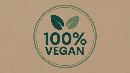 Green 100 percent vegan emblem with leaves on a brown cardboard background symbolizing natural and ethical food choices