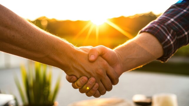 Two people shaking hands in bright sunlight symbolizing partnership and agreement outdoors at sunset - Powered by Adobe