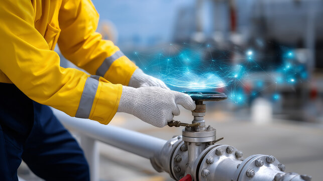 Faceless technician in protective gear adjusting a pressure valve on a gas platform, background softly defocused with floating holographic indicators, with copy space