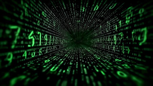 Flying through a dark digital tunnel made of green changing binary code and abstract numbers, a technology concept footage.
