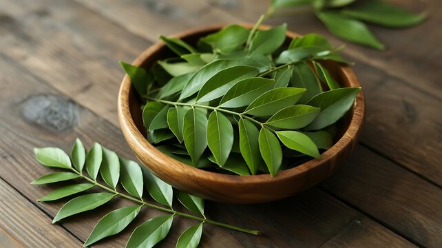 Fresh green curry leaves in a wooden bowl on a rustic wooden surface herbs spices