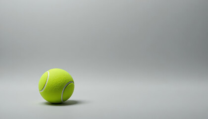 A minimal sports composition featuring a bright green tennis ball on a clean grey background with wide negative space, creating a modern athletic theme suitable for design projects
