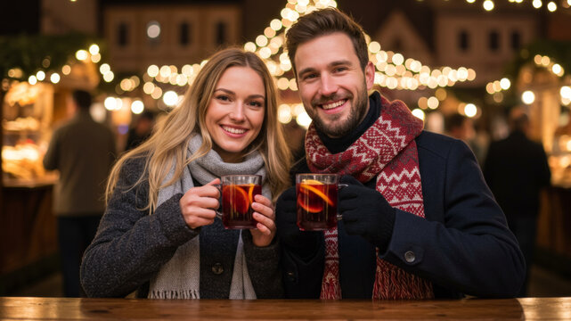 Woman and man smile, holding mulled wine cups. European Christmas market happy couple. Winter holiday lifestyle and festive event concept.