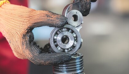 Maintenance and Precision: A skilled technician, hands encased in protective gloves, meticulously assembles mechanical parts, the focus sharp on the intricacy of the machinery.