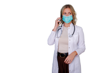 Female doctor or medical professional wearing face mask and stethoscope making a phone call, transparent background