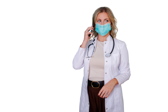 Female doctor or medical professional wearing face mask and stethoscope making a phone call, transparent background