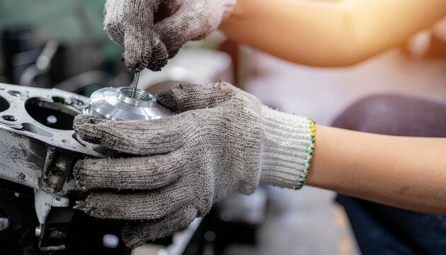 Hands-on Assembly: A focused shot of gloved hands meticulously working on assembling an engine, highlighting the precision and detail-oriented approach required in mechanical work. 