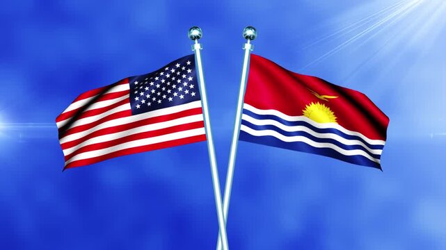 USA and Kiribati Flag Waving On Pole Loop