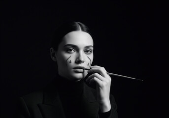 Woman in Emotional Struggle with Symbolic Black Tears