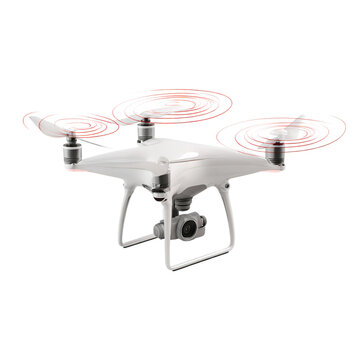 A white dji phantom 4 drone with its propellers spinning, isolated on a transparent background