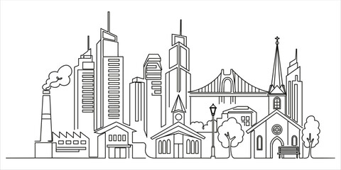 Vector line art cityscape featuring a mix of modern skyscrapers, historical churches, factories, bridges, and residential houses. This black and white outline illustration combines elements