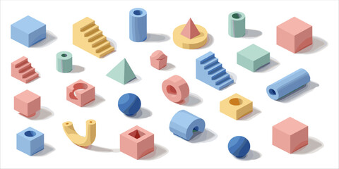 A vibrant collection of abstract isometric 3D geometric shapes in pastel colors. Includes cubes, stairs, spheres, cylinders, pyramids, torus forms, and creative architectural elements. Perfect for dig
