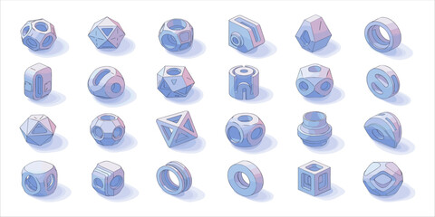 A collection of abstract 3D geometric shapes in isometric style, featuring smooth pastel tones of blue and violet. These futuristic objects resemble polyhedrons, toroids, and conceptual sci-fi element