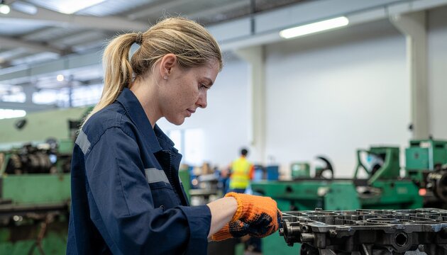 Mechanic at Work: A skilled mechanic meticulously examines an engine, her focused expression and gloved hands highlighting expertise and dedication.