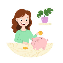 Happy girl putting a coin into piggy bank.  Money management and budgeting concept for kids.