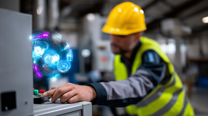 Worker leaning toward a control unit while digital holograms float around, face obscured, background slightly blurred for depth, with copy space