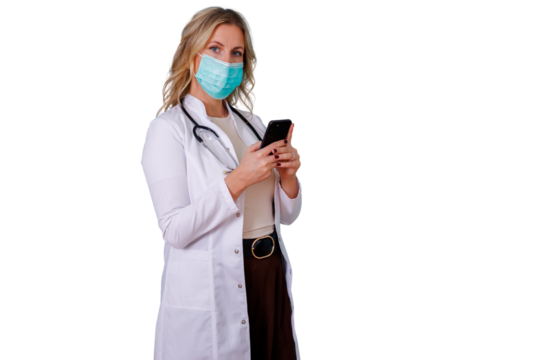 Female doctor in surgical mask and uniform texting on smartphone, providing telehealth care, transparent background