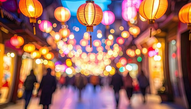 A vibrant, out-of-focus scene of a street illuminated by numerous colorful lanterns and bokeh lights, with silhouettes of people walking.