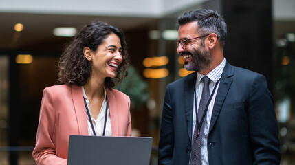 Indian businessman and woman smiling in a business conversation with laptops.
