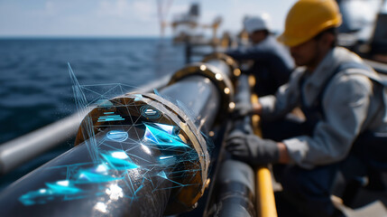 Lower-angle shot of faceless crew inspecting industrial pipes, bright holographic symbols hovering overhead, defocused ocean horizon, with copy space