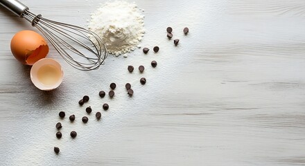 Baking Ingredients: Egg, Flour, Chocolate Chips and Whisk on White Wood cracked egg yolk
