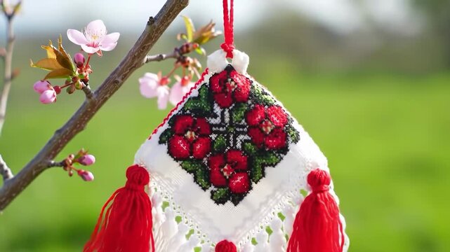 Handmade martenitsa hanging on a blossoming tree branch in springtime