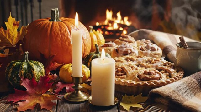 Cozy autumn scene featuring pumpkins and freshly baked goods, warm seasonal setting perfect for fall decorations, Thanksgiving visuals, and harvest-themed food photography