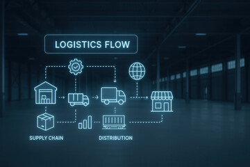 Logistics flow illustrates supply chain process, showcasing movement of goods from warehouses to stores, emphasizing importance of efficient logistics in distribution