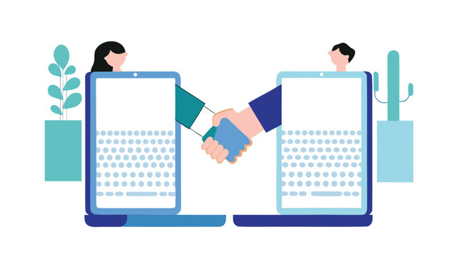 A stylized digital illustration of a handshake suitable for banners advertisements and business promotions featuring bold colors and a modern aesthetic