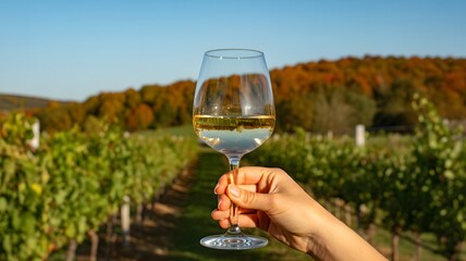 Hand holding a glass of white wine with a vineyard and autumn foliage in the background on a sunny day