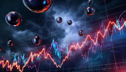 Financial Data Visualization: Abstract representation of financial data analysis, with illuminating red and blue lines illustrating market trends and fluctuations with dark bubbles floating around.