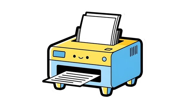Vibrant Cartoon Printer Illustration with a Friendly Smiling Face, Efficiently Processing and Delivering Paper Documents for Modern Office Technology Concepts