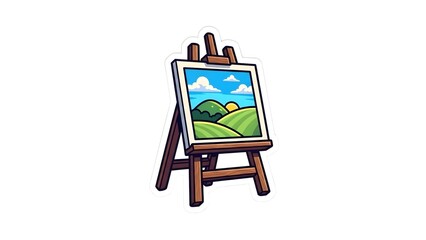 A charming cartoon illustration of a wooden artist's easel holding a freshly painted landscape of rolling green hills under a bright sunny sky
